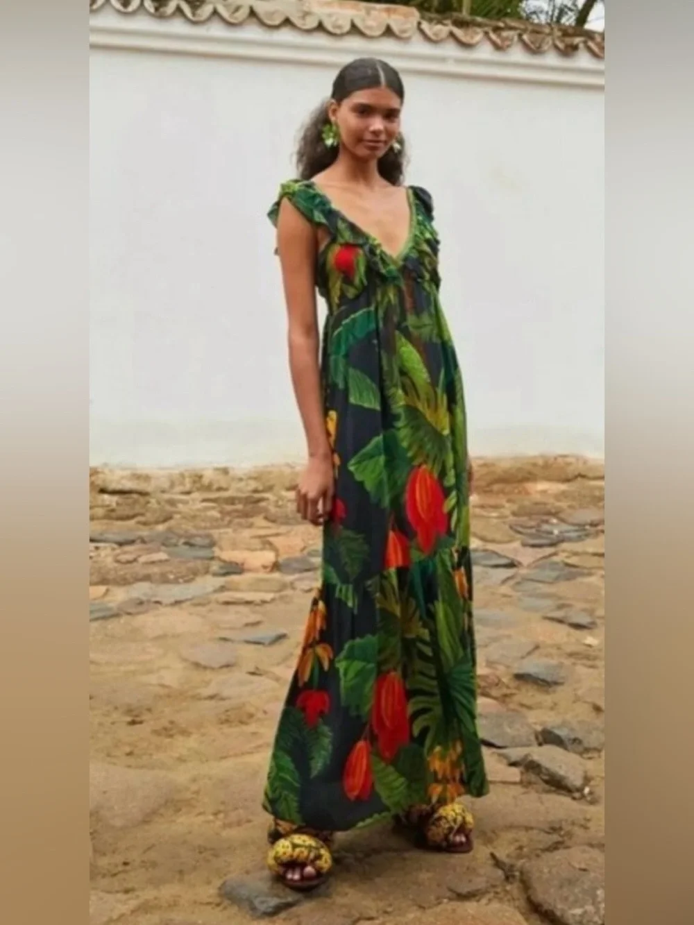 FARM Rio Black Maxi Dress with Green & Red Tropical Leaves - Picture 3 of 10